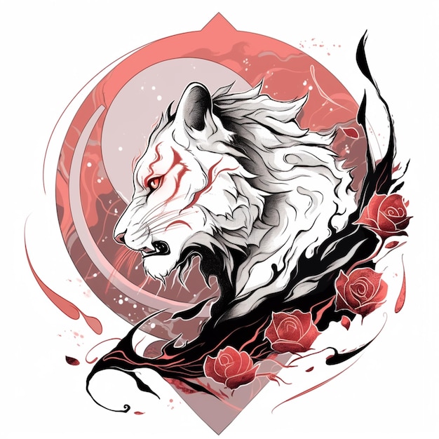 a close up of a white wolf with red roses on a white background generative ai