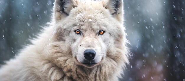 close up white wolf with snowfall background