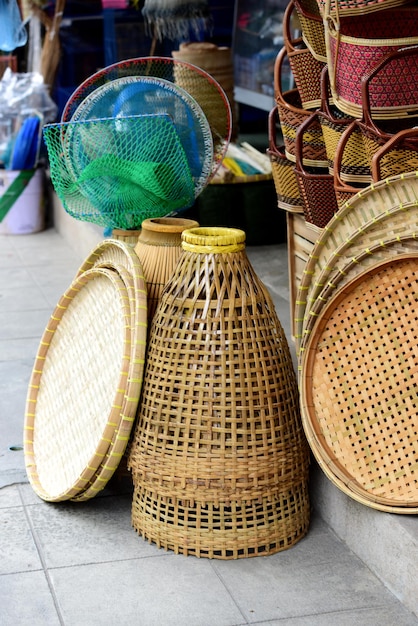 Photo close-up of wicker basket for sale in market