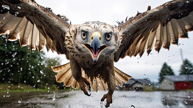 Close up wide angle dramatic photo upshot of a Bluejay in flight in the rain