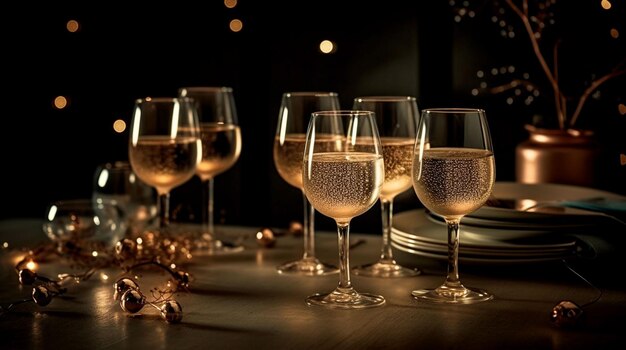 Close-up wijn- of alcoholglas in een nachtclubrestaurant en feest voor het vieren van het nieuwe jaar laat evenement