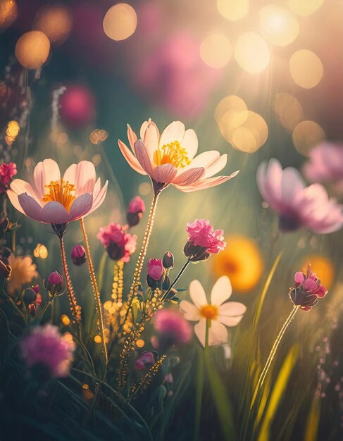 Close up wild flowers in meadow in nature in the rays of sunlight summer and spring nature plants