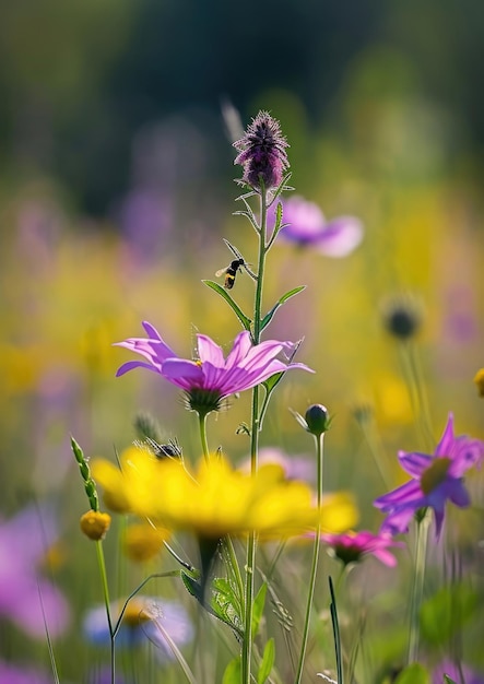 野生の花のクローズアップ 太陽の光 ボケエフェクト 活気のある草原 自然の背景