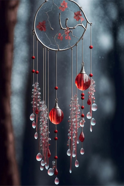 Close up of a wind chime hanging from a tree generative ai