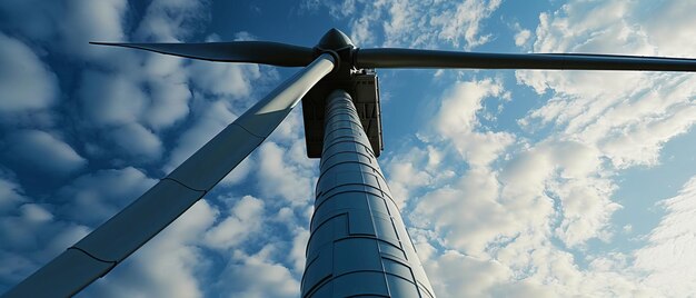 Foto close-up di una turbina eolica che produce elettricità dalla natura sullo sfondo blu del cielo