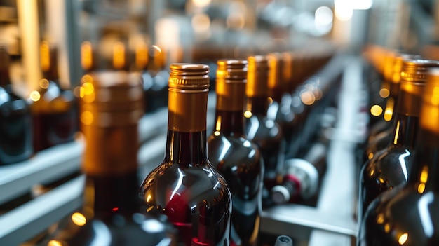 Close up of wine bottle production process