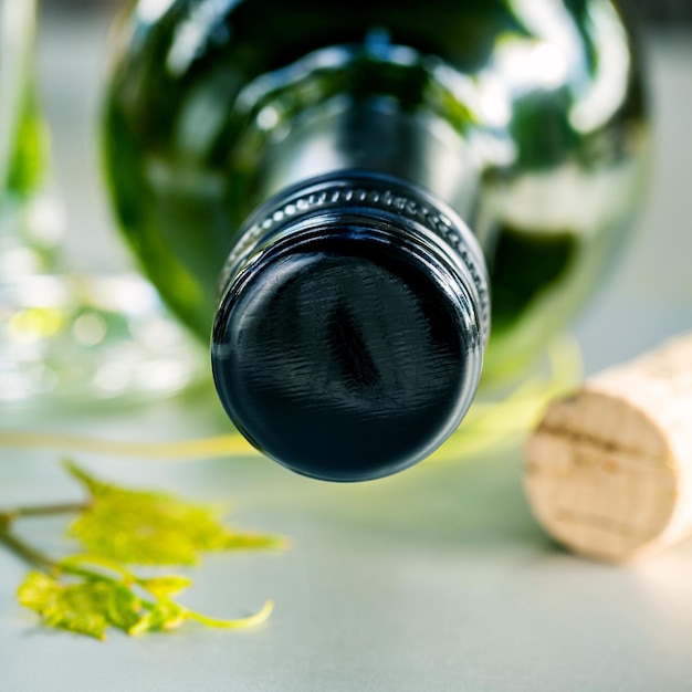 Foto close-up di una bottiglia di vino sul tavolo