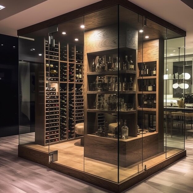 a close up of a wine cellar with a glass case generative ai