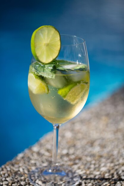 Close-up of wine glass on wooden table