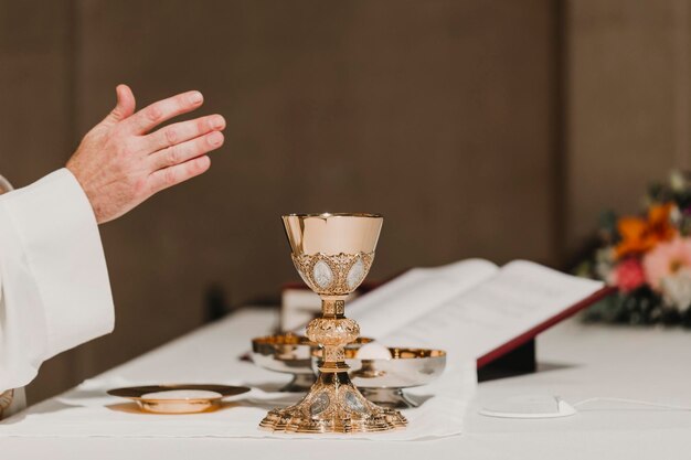 Close-up of wine glasses on table