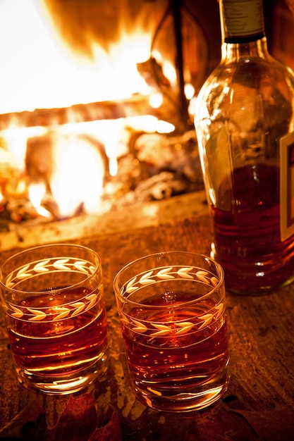 Close-up of wine glasses on table