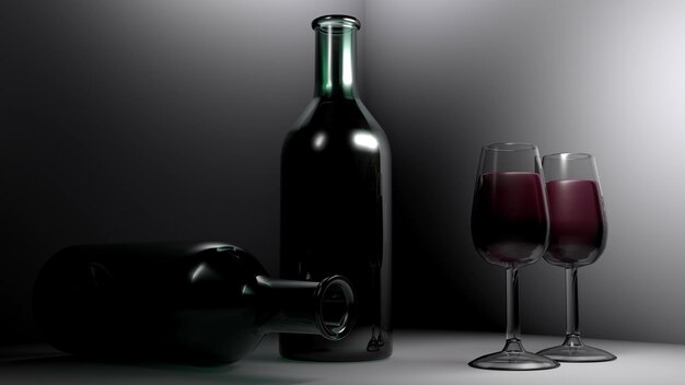 Close-up of wineglasses with bottle on table