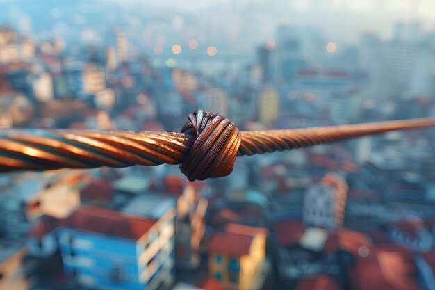 Photo a close up of a wire with a city in the background