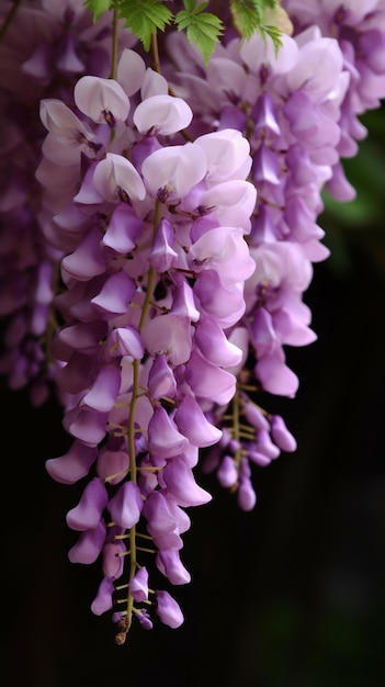 木からぶら下がっている藤の花の接写