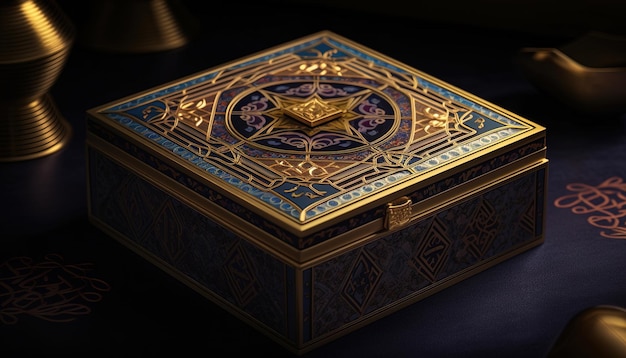 Close up with elegant islamic artistry gift box in blue and gold color