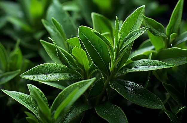 a close up with green leaves of rosemary