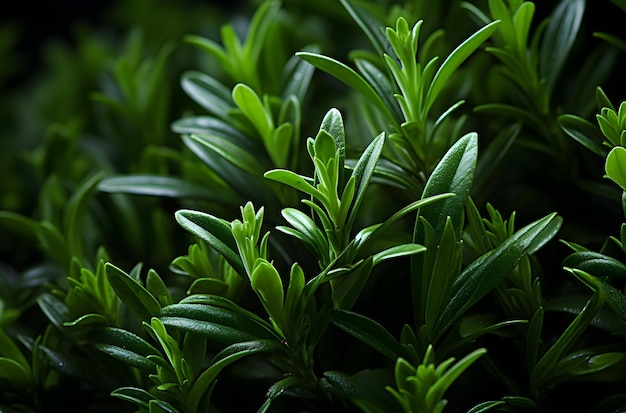 a close up with green leaves of rosemary