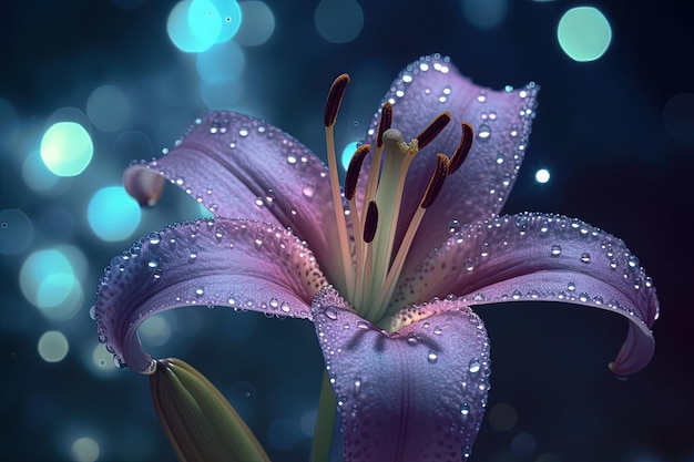 Close up with lily flower with water drops and blurred colorful background