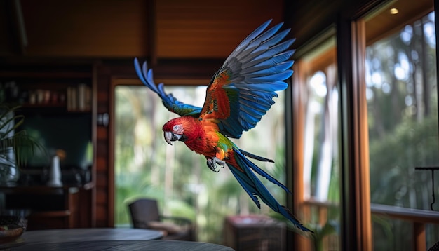 青と赤の尾を持つオウムが空中を飛んでいるエキゾチックな野生動物とクローズアップ