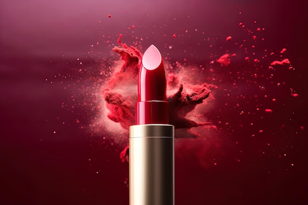 Close up with red lipstick floating powder and dark gradient background