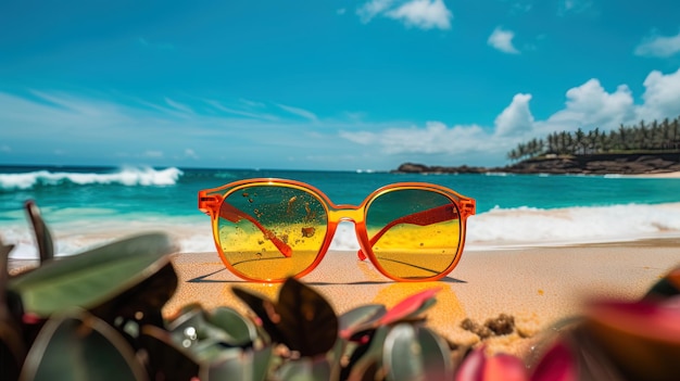 Close up with sunglasses on the sand of the beach and blurred background