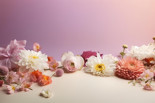Close up with variety of colorful flowers on beautiful gradient background and empty space