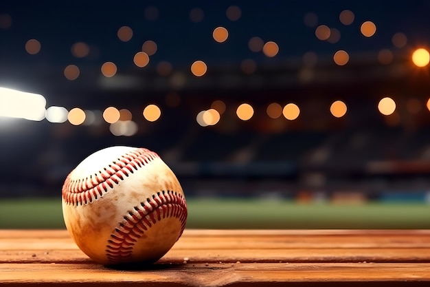 Close-up witte oude honkbalbal tijdens het spel in het stadion verlicht door de koplampen Evening Light op het honkbalveld