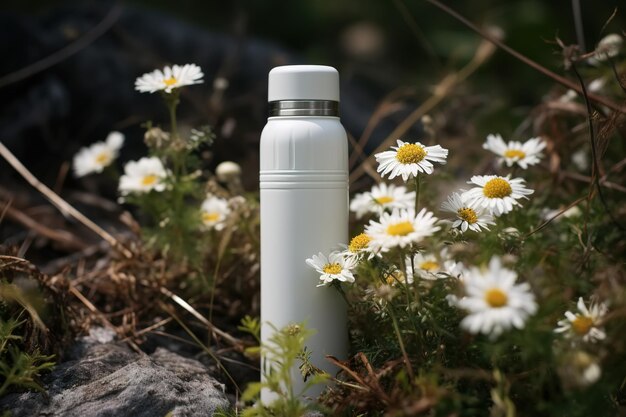 Close-up witte thermosfles in de natuur in kamille bloemen wandelen concept