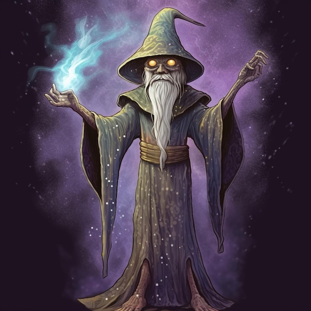 A close up of a wizard with a glowing hand and a glowing staff generative ai