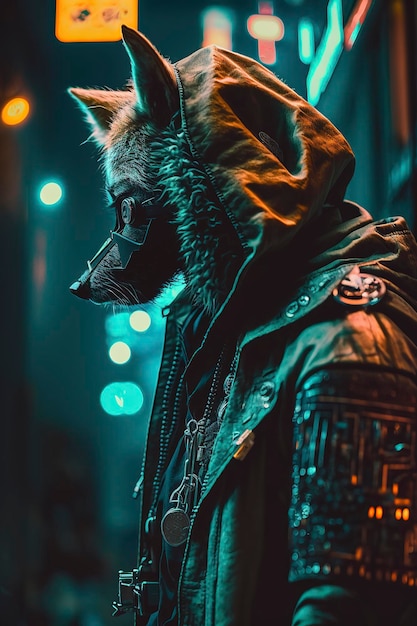 close up of wolf in cyberpunk style on dark background, generative ai