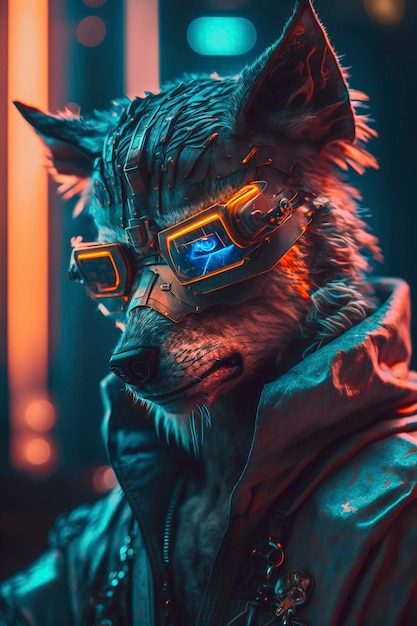 close up of wolf in cyberpunk style on dark background, generative ai