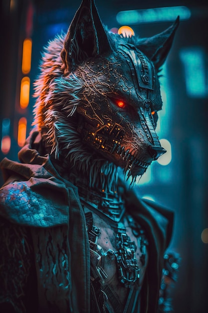 close up of wolf in cyberpunk style on dark background, generative ai