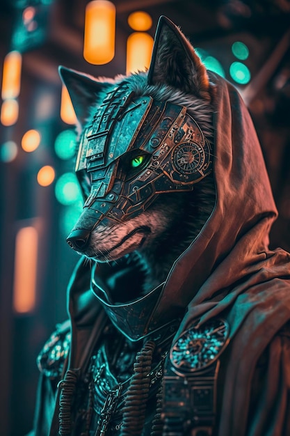 close up of wolf in cyberpunk style on dark background, generative ai