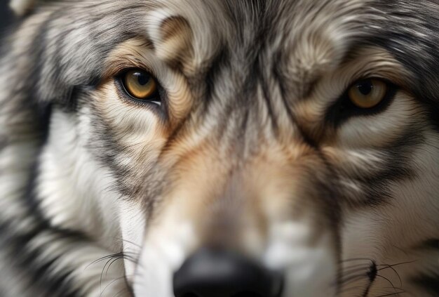 Close up of wolf face full frame Gray wolf fur natural head background Animal wildlife concept and style for design textures and wallpaper Banner poster Generated Ai Copy ad text space