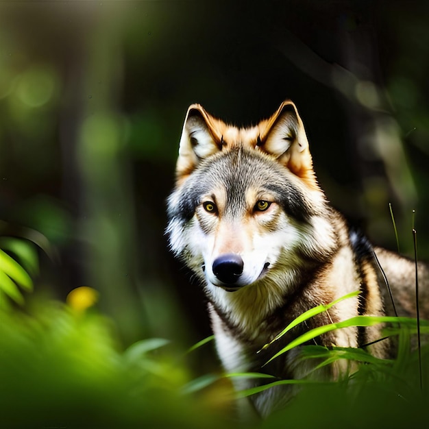 Крупный план волка в лесу, созданный с помощью генеративного ИИ