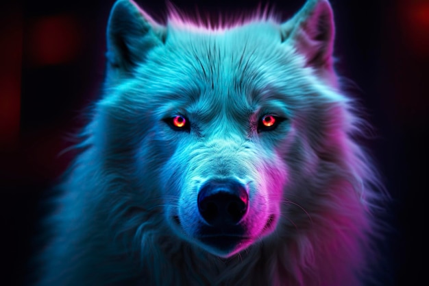 Close up wolf in neon colors Generative AI