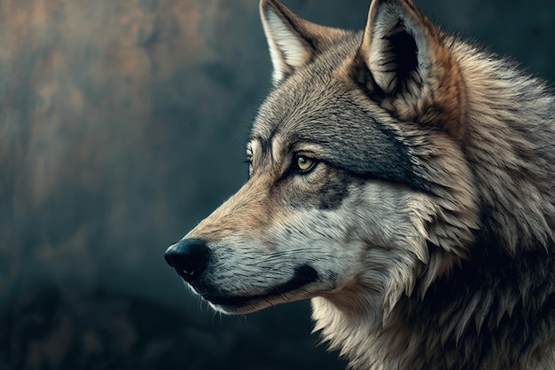 A close up of a wolf's face on a dark background generative AI