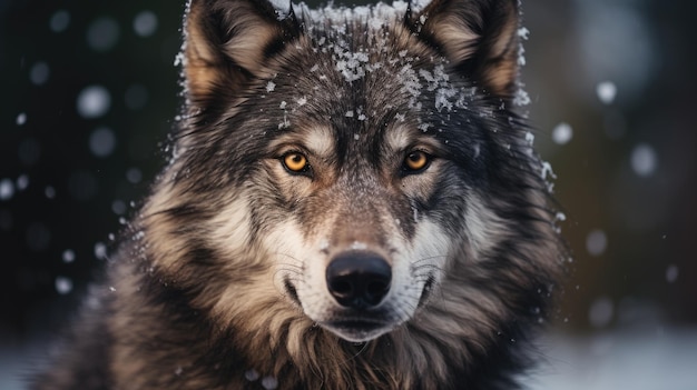 a close up of a wolf in the snow