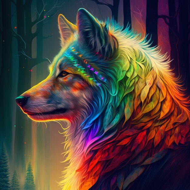 a close up of a wolf with a rainbow colored mane generative ai