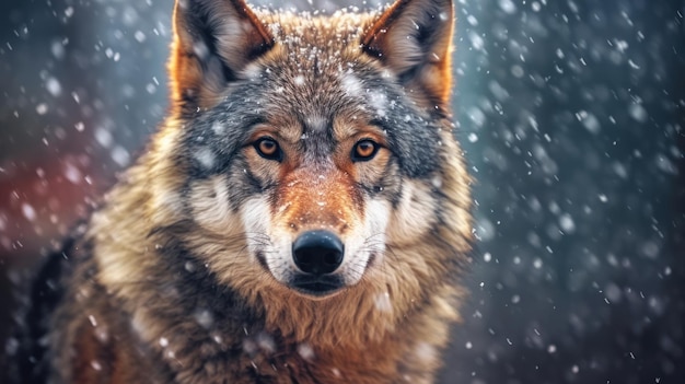 close up wolf with snowfall background