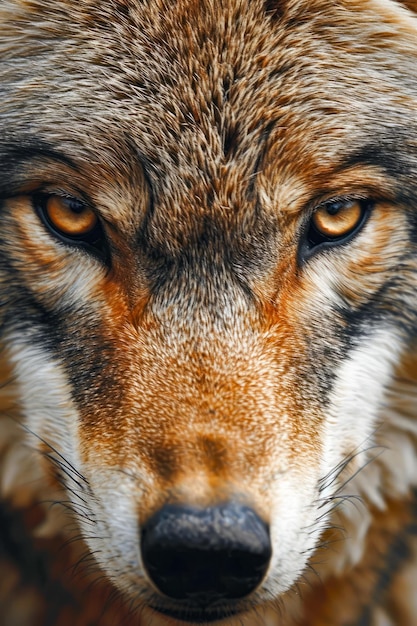 Close up of wolfs face focusing on its eyes and nose