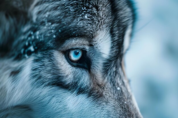 Foto un primo piano di una faccia di lupo con gli occhi blu