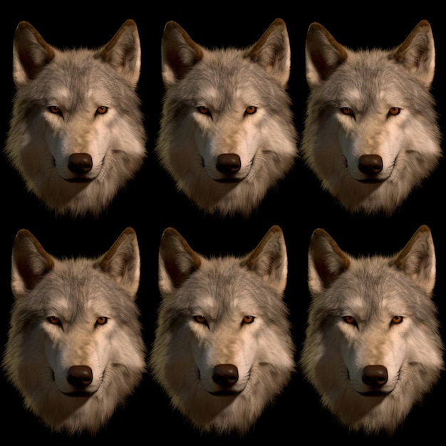 Photo a close up of a wolfs face with different expressions generative ai