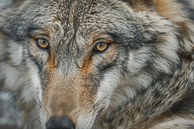 A close up of a wolfs face with a yellow eye