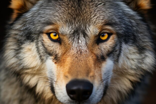 A close up of a wolfs face