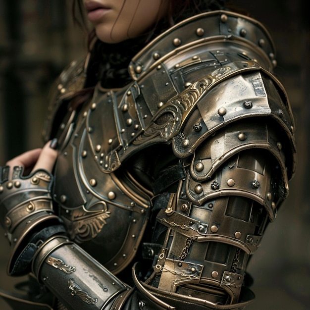 Photo a close up of a woman in a armor suit with a sword generative ai