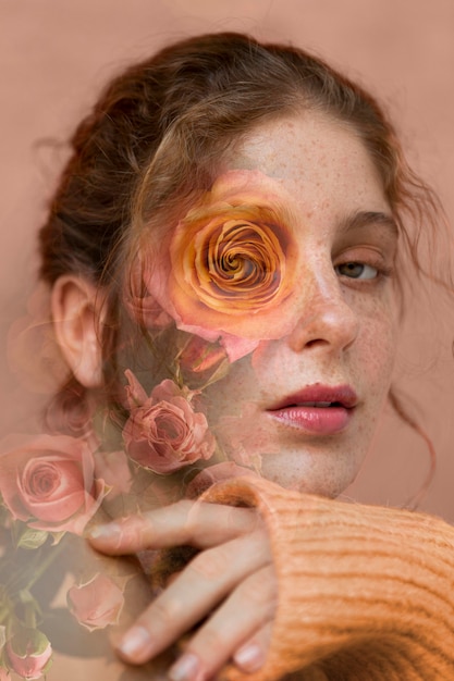 Photo close up woman and beautiful flowers