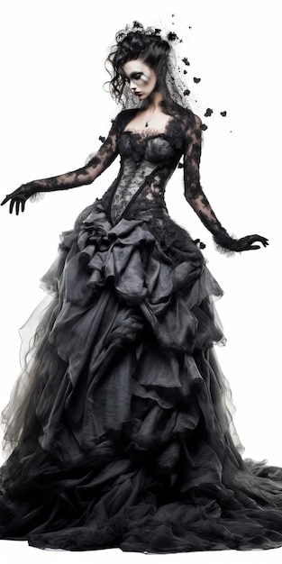 Близкий взгляд на женщину в черном платье с завесой генеративный ай