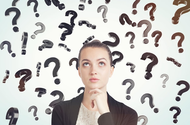 Close up of woman in black and white clothes and floating question marks