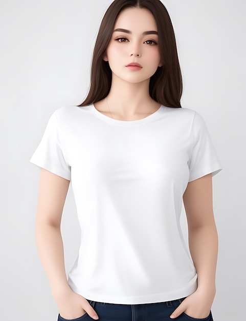 Close up of woman in blank white tshirt mockup